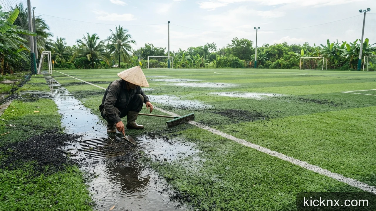 Minh họa: Bảo dưỡng mặt sân cỏ nhân tạo sau mùa mưa bão: Những việc cần làm ngay