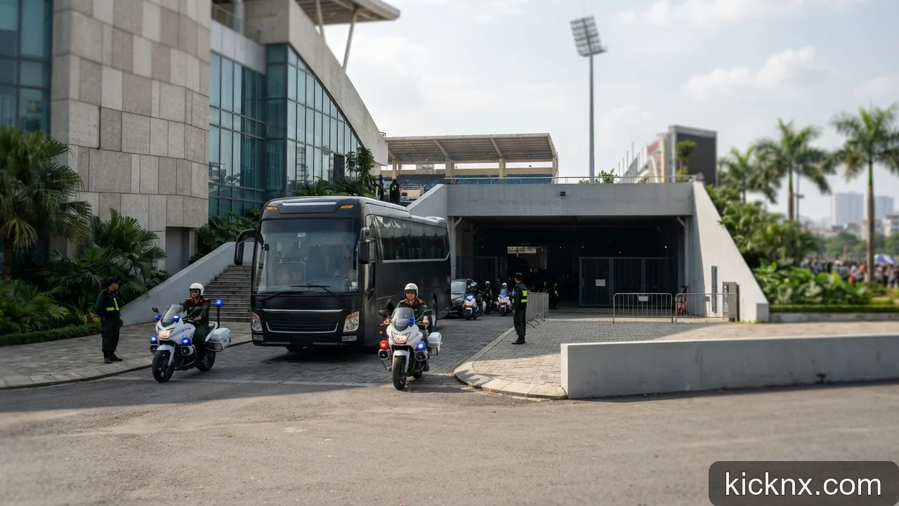 Minh họa: Hành trình di chuyển bằng chuyên cơ và xe buýt của đội khách đến sân thi đấu