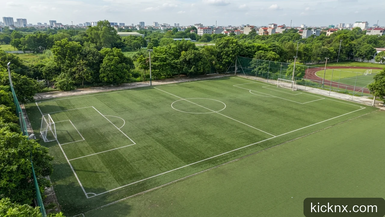 Minh họa: Quy định kích thước và vạch kẻ sân bóng đá 7 người theo chuẩn liên đoàn